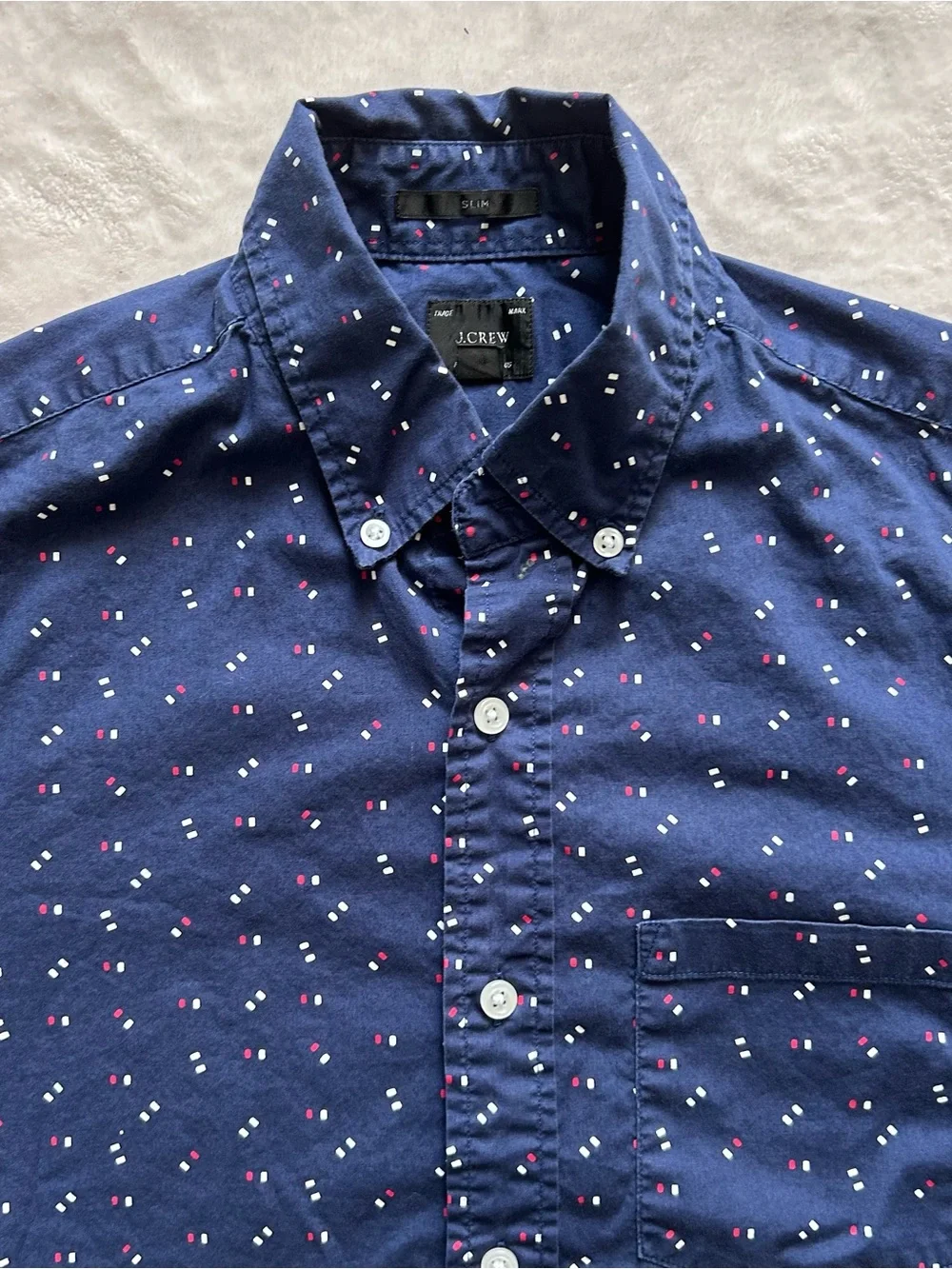 J. Crew Slim Fit Navy Short-Sleeve Button-Down with Red White Blue Micro Dots